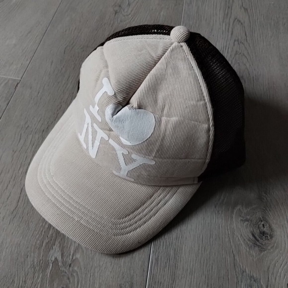 I Love New York Trucker Hat Corduroy Snapback Cap Beige White Black OSFA NYC NY - Picture 1 of 12